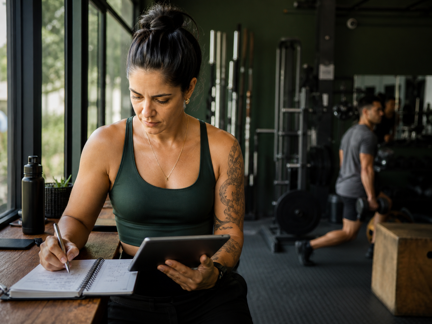 Professora revisa uma prescrição de treino no tablet